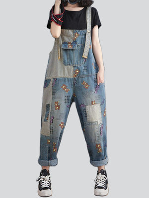 Lovely Cartoon Mouse Print Blue Denim Jumpsuit for Women