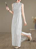 Lady Oriental Style Vintage Sleeveless Striped Cheongsam Dresses