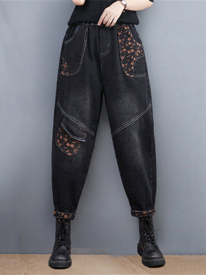 Orange Mini Floral Print Elastic Waist Black Jeans for Women