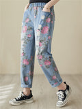 Ladies Casual Ripped Floral Print Denim Pants