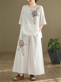 Female Ramie Embroidered Top + Wide Leg Pants Casual Two Piece Set