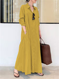 Minimalist Lapel Collar Long Sleeve Pocket Maxi Shirt Dress