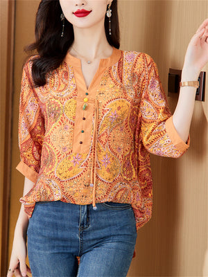 Retro Orange Paisley Print V Neck Half Sleeve Shirt for Women