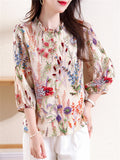 Ladies Ruffle Collar Lantern Sleeve 3D Floral Design Shirt