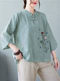 Women's Floral Hand Embroideried Elegant Stand Collar Shirt