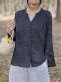 V-Neck Button Up Long Sleeve Embroidery Linen Shirt for Women