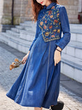 Female Ethnic Style Embroidery Floral Slim Denim Dress