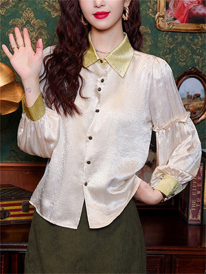 Ladies Silky Lapel Lantern Sleeve Patchwork Shirts