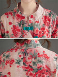 Vintage Red Plum Blossom Patch Pocket Irregular Hem Shirt for Women