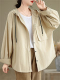 Casual Plain Drawstring Hooded Shirts for Women