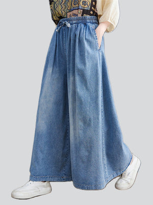 Female Trendy Washed Lace-up Wide-leg Blue Jeans