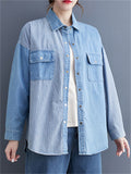 Lady Button Up Stripe Splicing Denim Shirts