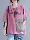 Women's Summer Letter Print Plaid Patch Pocket T-shirt