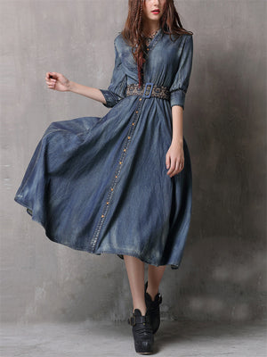 Women's Retro Washed Denim Blue Pleated Dress with Belt