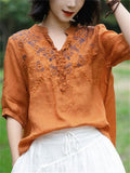 Female Summer V Neck Embroidered Breathable Shirts