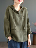 Plain Cotton Linen Long Sleeve Hooded Shirt for Women