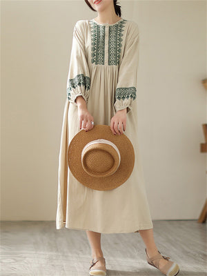 Female Geometric Embroidered Round Collar Half Placket Dress