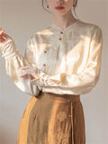 Apricot Bamboo Leaf Jacquard Elegant Satin Shirt for Women