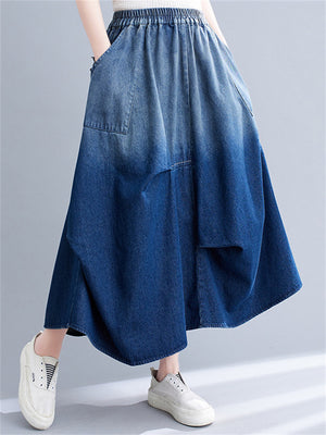 Women's Gradient Color Elastic Waist A-line Denim Skirts