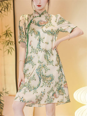 Women's Green Leaf Print Elegant Button Tassel Qipao
