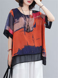 Women's Retro Print Round Neck Half Sleeve Cozy Chiffon Shirt