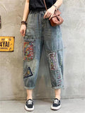 Female Ethnic Style Embroidery Patch Elastic Waist Denim Pants