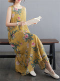 Chinese Rose Print Retro Yellow Tank Dress for Women