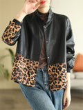 Retro Leopard Print & Black Patchwork PU Leather Jacket for Women