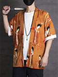 Men's Tang Dynasty Vintage Print Orange Lace Up Shirt