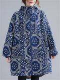 Women's Blue Hooded Zipper Keep Warm Cotton-Padded Overcoat