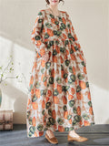 Orange Green Leaf Print Spring Loose Dress for Women