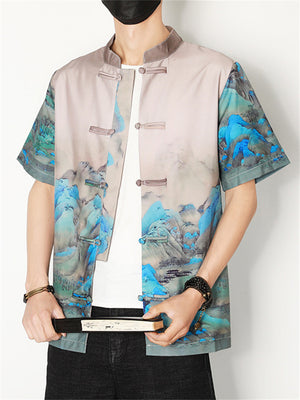 Men's Chinese Style Tang Suit Summer Printed Short Sleeve Shirt