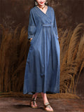 Women's Elegant V Neck Lantern Sleeve Pleated Denim Dress