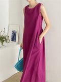 Relaxed Sleeveless Round Neck Holiday Sundress for Women