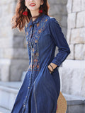 Female Lapel Embroidered Vintage A-line Denim Dress