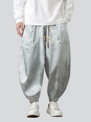 Men's Chinese Dragon Printed Ankle-tied Ice Silk Lantern Pants