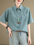 Cute Leaf Patch Button Up Lapel Retro Plaid Shirt for Women