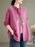 Women's Vibrant Flowers Embroidered Turn-down Collar Shirt