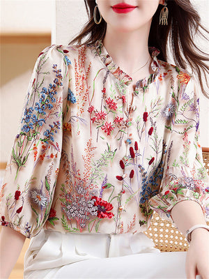 Ladies Ruffle Collar Lantern Sleeve 3D Floral Design Shirt