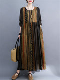 Ethnic Style Multicolor Stripe Round Neck Holiday Dress for Lady