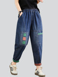 Female Two-color Patch Elastic Waist Spring Summer Jeans