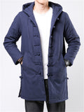 Men's Hooded Cotton Linen Mid-length Cotton Coats Solid Tang Suit