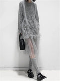 Fashion Transparent Mesh Patchwork Grey Knitted Dress for Lady