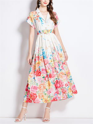 Classy Tender Lapel Blossom Print Dresses for Ladies