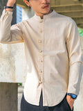 Male Linen Cotton Slim Fit Banded Collar Long Sleeve Shirt