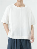 Men's Cotton Linen Cozy Stripe Textured Irregular Hem T-Shirt