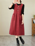 Women's Retro Daisy Embroidery Mid-Length Corduroy Dress