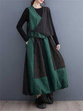 Casual Black Green Contrast Color Lace Up Vest + Lantern Skirt