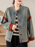 Contrast Color Retro Button Up Denim Jacket for Women