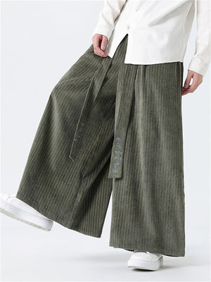 Men's Vintage Corduroy Wide Leg Pants with Floral Embroidery Strap